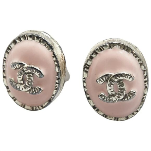 CHANEL CC Logos Oval Pink Stud Earrings Silver Tone 06C Auth #6076 - Picture 1 of 6